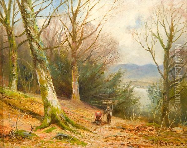 Gathering Firewood In A Lakeland Landscape Oil Painting - James Henry Crossland