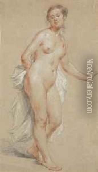 A Standing Female Nude, Holding Drapery In Her Right Hand Oil Painting - Jean-Baptiste-Marie Pierre