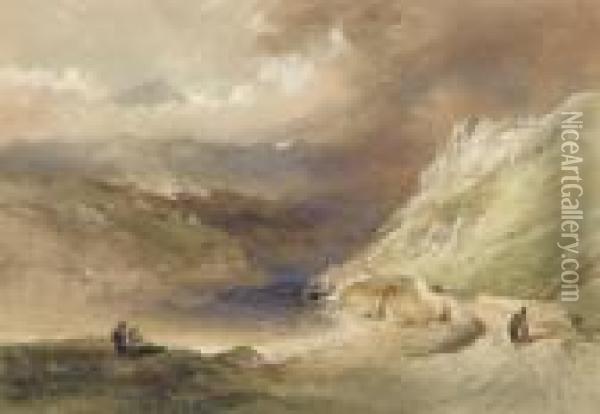 Figures On The Shore Of A Loch Oil Painting - Thomas Miles Richardson