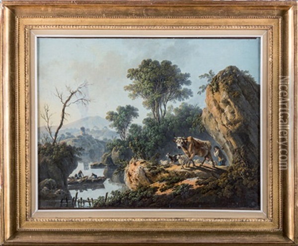 Paysage Avec Des Pecheurs, Un Berger Et Son Troupeau Oil Painting - Jean Baptiste Pillement