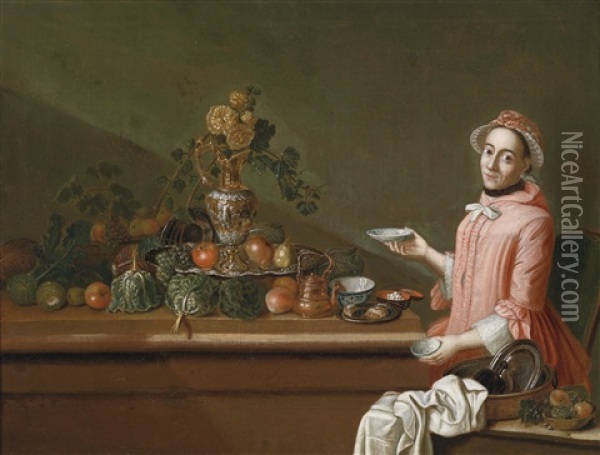 Eine Dame (+ Ein Herr An Reich Gedeckten Tischen; Pair) Oil Painting - Pieter Jacob Horemans
