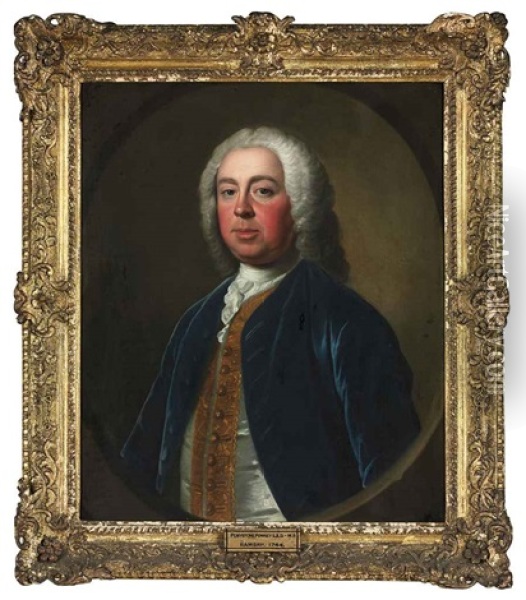 Portrait Of Penistone Powney, M.p. Of Ives Place, Middlesex In A Blue Velvet Coat, With A Gold-embroidered Waistcoat And A White Stock Oil Painting - Allan Ramsay