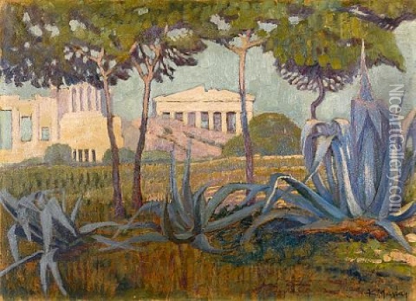 Acropolis - Acropole Vue Entre Des Pins Et Aloes Oil Painting - Konstantinos Maleas