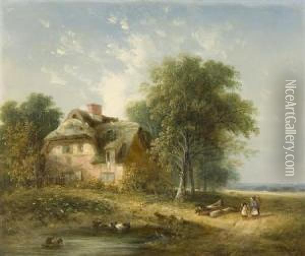 Figures Before A Thatched Farmhouse Oil Painting - Samuel David Colkett