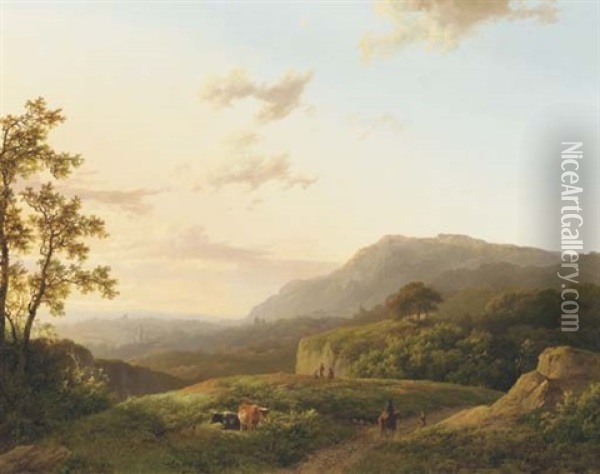 A Panoramic View Of A Hilly Landscape At Dusk Oil Painting - Marinus Adrianus Koekkoek