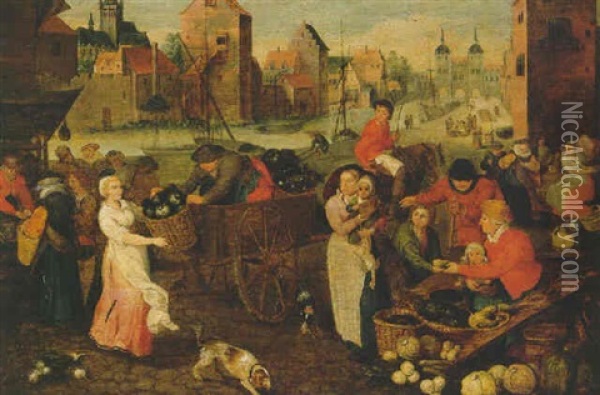 A Vegetable Market On A Quay In A Town Oil Painting - Pieter Balten