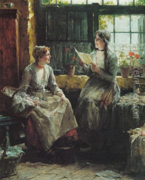 Reading The Letter Oil Painting - Edward Antoon Portielje