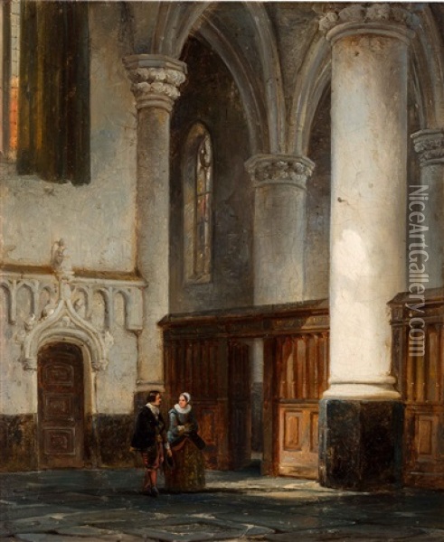 Elegant Couple In A Dutch Church Interior Oil Painting - Cornelis Springer
