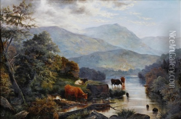 River Landscape With Cattle Watering, And Another, Sheep On A Moorside, Probably In North Wales (pair) Oil Painting - Henry John Livens