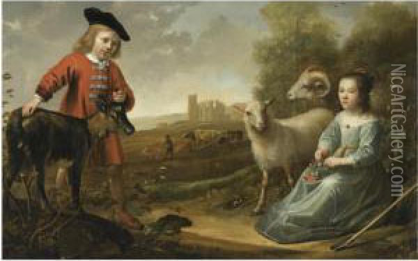 Portrait Of A Young Boy And A 
Young Girl With A Goat And Two Sheepin An Italianate Landscape, A 
Herdsman With His Cattle By Ruinsbeyond Oil Painting - Jacob Gerritsz. Cuyp
