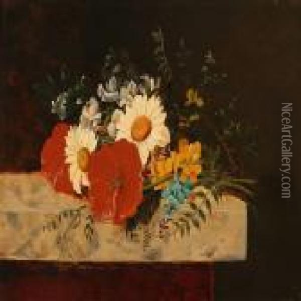 A Bunch Of Flowers On A Sill Oil Painting - I.L. Jensen
