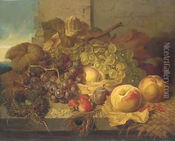 Red and white grapes in a basket, with peaches, a plum, strawberries and white currents, a bird's nest and peacock feather on a stone ledge Oil Painting - John Wainwright