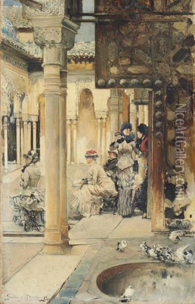 Tourists At The Alhambra Oil Painting - Jose Garcia Ramos