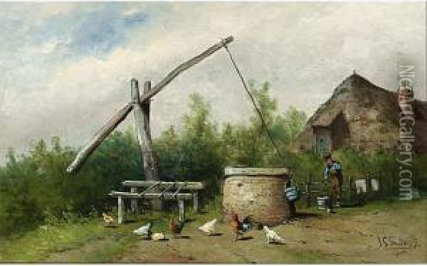 A Figure Near A Well Oil Painting - Johan Gerard Smits