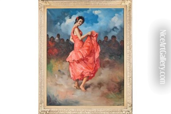 A Spanish Dancer In A Flounced Red Dress Oil Painting - Felipe Abarzuza y Rodriguez de Arias
