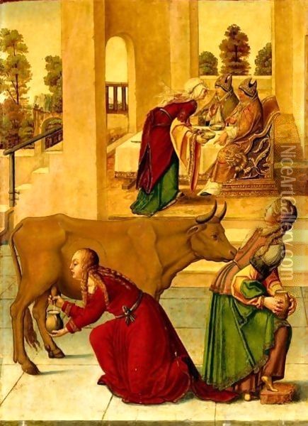 Saint Brigid Milking Her Cows To Feed The Local Bishops Oil Painting - Italian Unknown Master