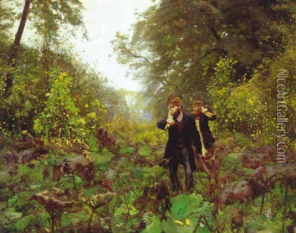 Skovparti Med Skovhuggere, Der Far Oje Pa Dreng I Krattet Oil Painting - Hans Andersen Brendekilde
