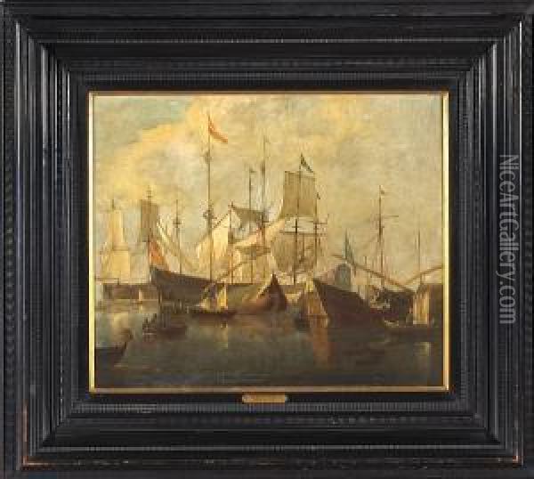 A Busy Harbor Scene Oil Painting - Jan Van De Capelle