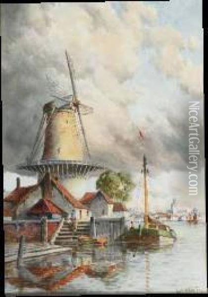 Windmill By A Harbour Oil Painting - Hermanus Jr. Koekkoek