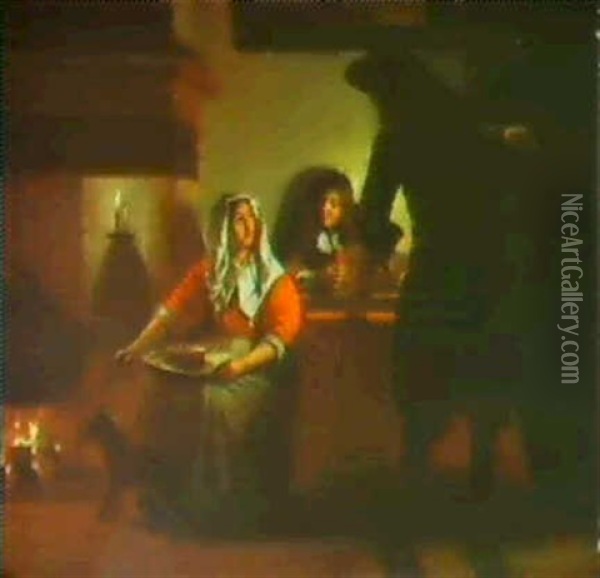 An Interior By Night With A Woman Seated By A Fire And Two  Soldiers Playing Oil Painting - Pieter De Hooch