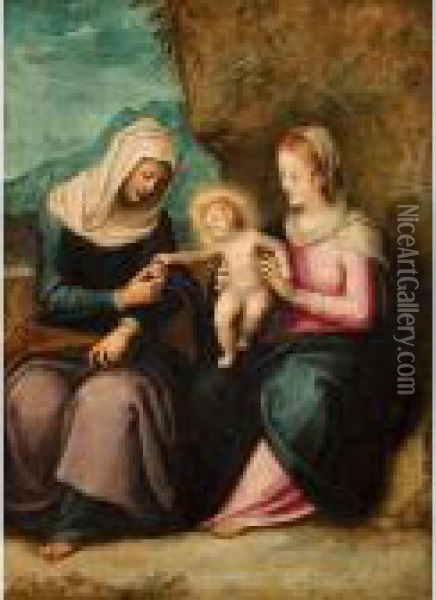 The Madonna And Child With Saint Anne In A Landscape Oil Painting - Guglielmo Caccia