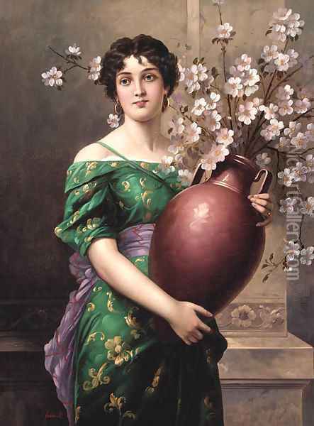 A Lady Holding A Vase Of Flowers Oil Painting - Mihaly Fodor