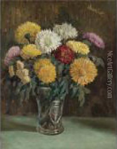 Chrysanthemums In A Cut Glass Vase Oil Painting - George Leslie Hunter