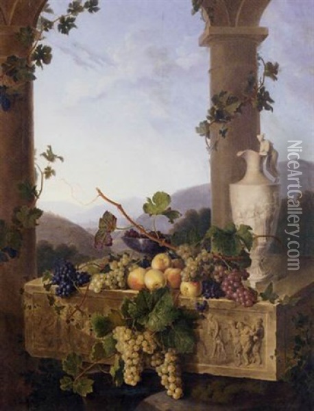 Grapes, Peaches And A Clasically Inspired Pitcher On A Marble Relief Depicting Classical Figures Oil Painting - Emmanuel Fries
