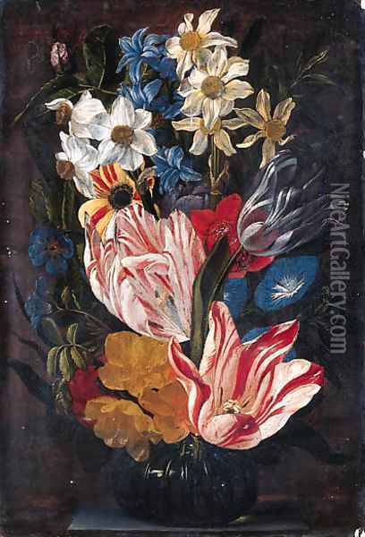 Tulips, roses, anemones, daffodils, hyacinths, morning glory and other flowers in a glass vase on a stone ledge Oil Painting - Jan van den Hecke