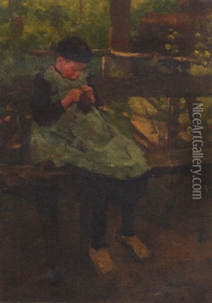 A Girl Knitting On A Bench In A Park Oil Painting - Ferdinand Hart Nibbrig
