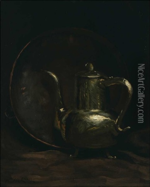 Still Life - Silver Teapot And Copper Charger Oil Painting - William Merritt Chase