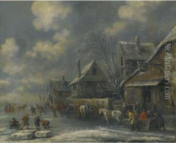 A Frozen River Landscape With 
Children Playing On The Ice Andfigures Gathered Outside The Swan Inn Oil Painting - Claes Molenaar (see Molenaer)