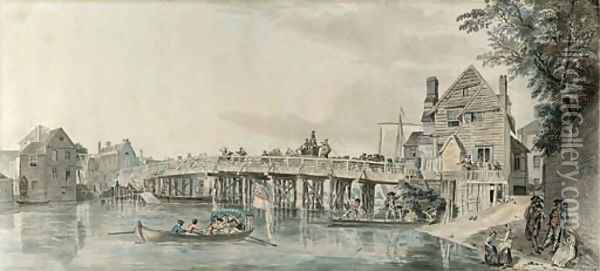 The old wooden bridge at Windsor Oil Painting - Paul Sandby