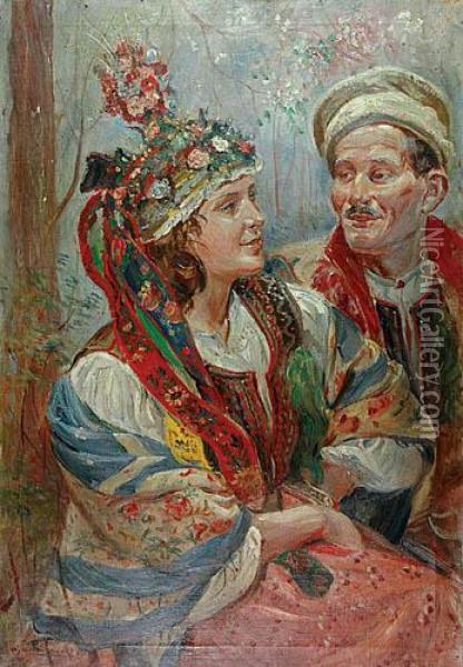 Para W Strojach Ludowych Oil Painting - Wincenty Wodzinowski