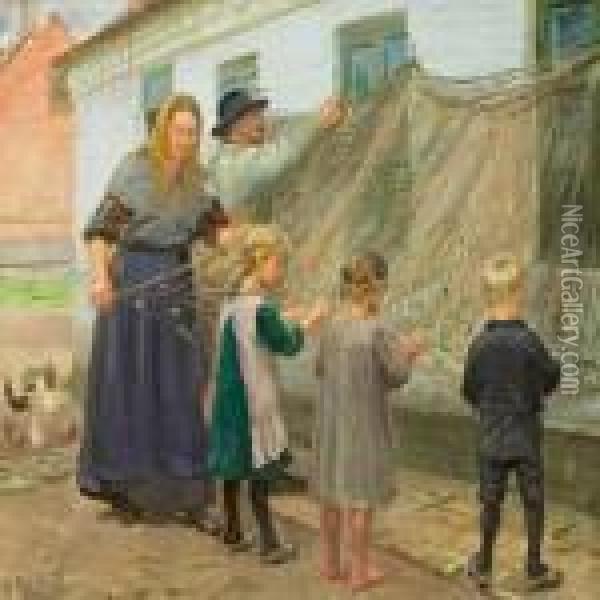 Unravelling The Nets Oil Painting - Anna Ancher