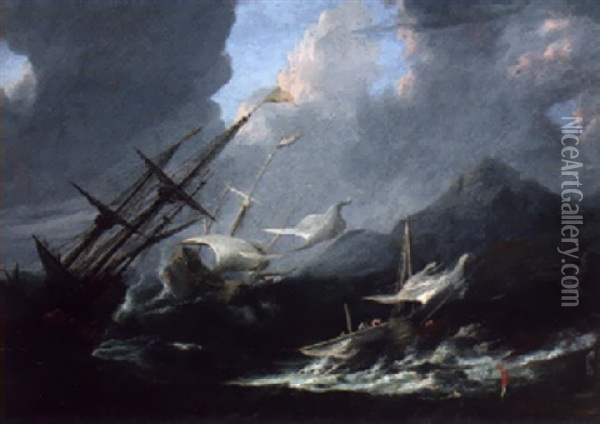 Men-o`-war Running Aground In A Storm Oil Painting - Pieter Mulier the Younger