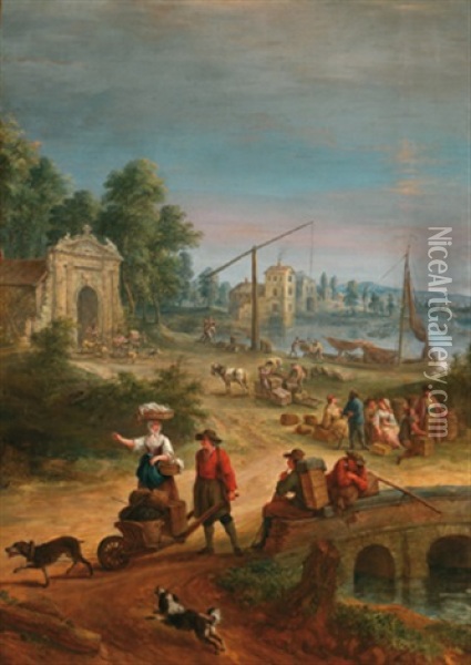 Eine Weite Flusslandschaft Mit Reisenden, Im Hintergrund Entladen Dorfbewohner Ein Schiff Oil Painting - Jan Anton Garemyn
