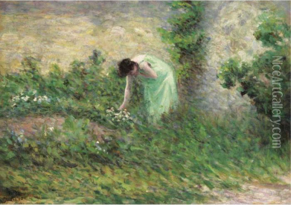 Gisors, Femme Cueillant Des Fleurs Oil Painting - Maximilien Luce