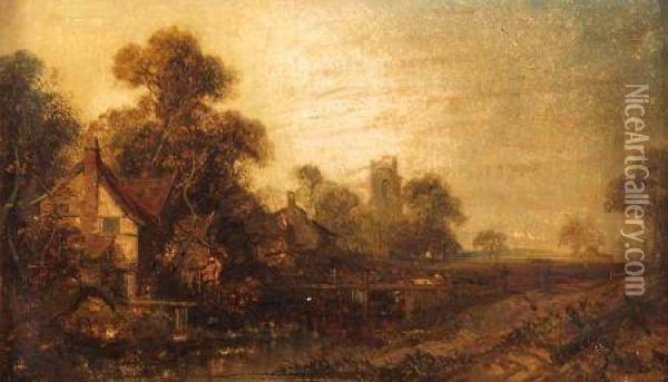 East Anglian River Landscape With Figures By A Bridge Oil Painting - Joseph Paul