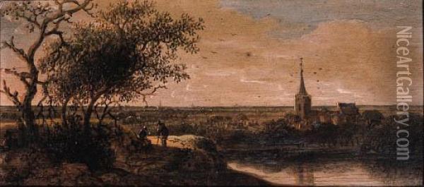 A Village By A River With Peasants On A Track In Theforeground Oil Painting - Anthony Jansz. Van Der Croos