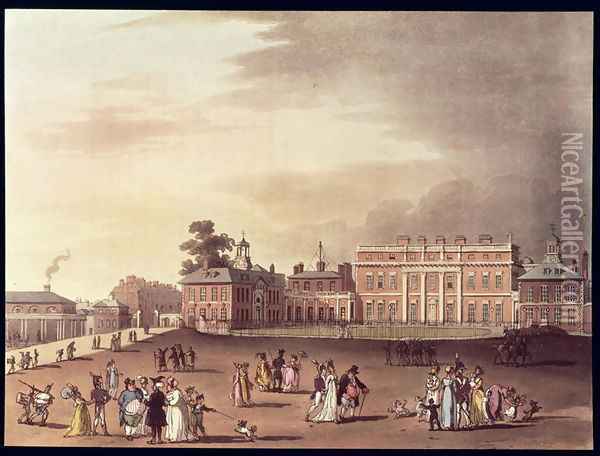 Queens Palace, St. Jamess Park, from Ackermanns Microcosm of London Oil Painting - T. Rowlandson & A.C. Pugin