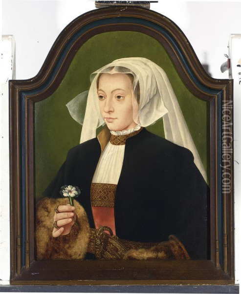A Portrait Of A Lady, Bust Length, Wearing A Red Dress, White Chemise, A Black Fur-lined Coat And A White Headdress, Holding A Carnation Oil Painting - Bartholomaeus Ii Bruyn