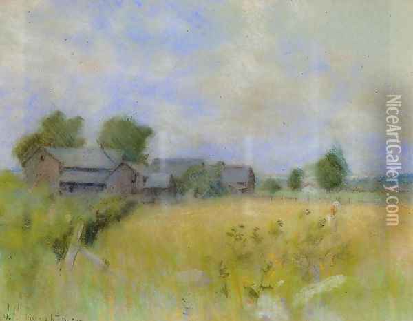 Pasture With Barns Cos Cob Oil Painting - John Henry Twachtman