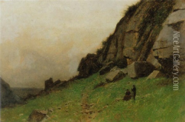 Landschaft Mit Zwei Hirtenkindern Vor Fels Oil Painting - Gustave Eugene Castan