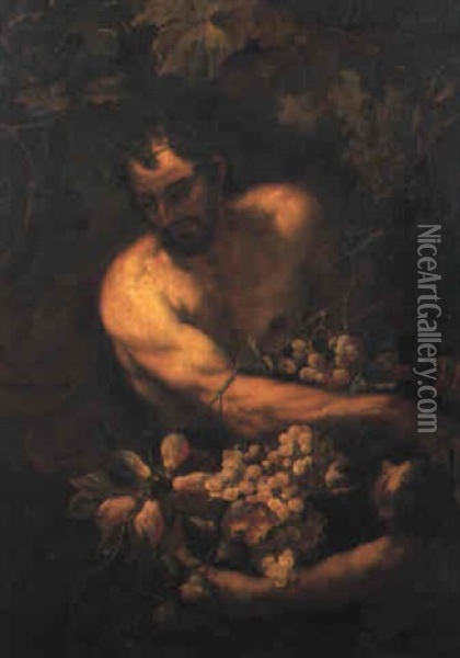 Un Fauno Seve A Bacco Un Cesto Con Uva, Fichi, Pesche E Altri Frutti Oil Painting - Giovanni Battista Ruoppolo