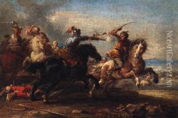A Cavalry Skirmish Between Christians And Turks Oil Painting - Johann Eismann