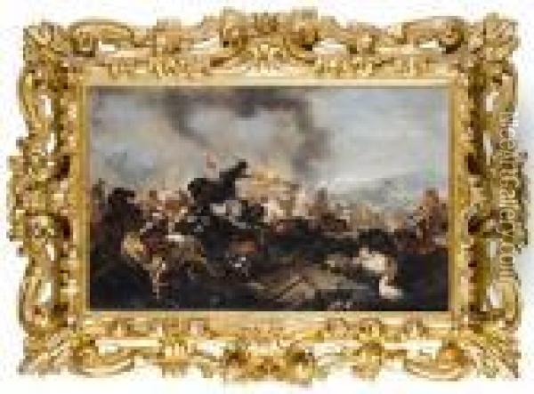A Cavalry Battle Before An Open Landscape Oil Painting - Jacques Courtois Le Bourguignon