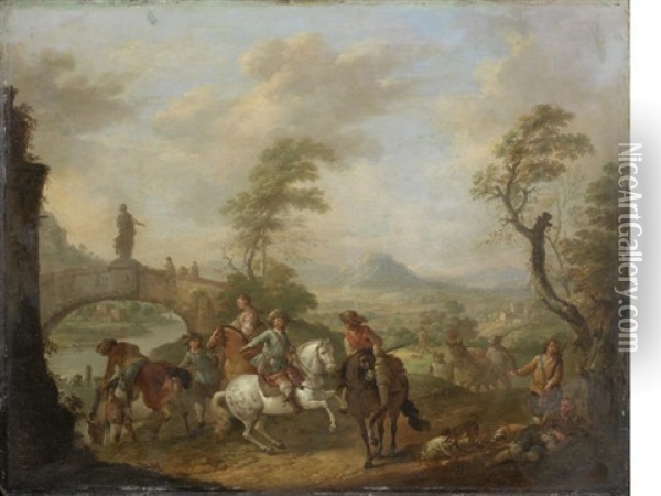 Figures On Horseback By A River, An Open Landscape Beyond Oil Painting - Carel van Falens