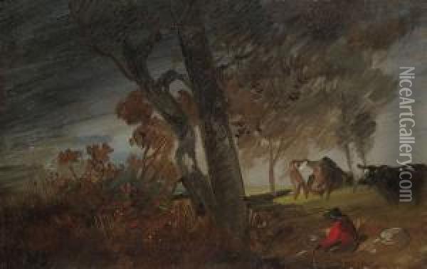 Herbstlandschaft Mit Rotjacke Und Zwei Kuhen Oil Painting - Wilhelm Busch