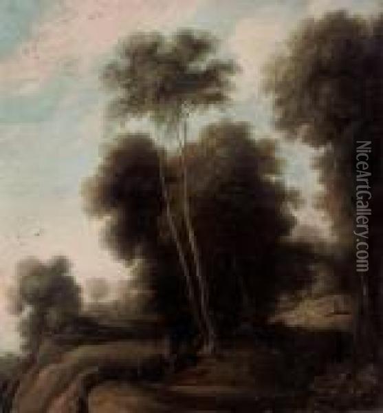 A Wooded Landscape With A Shepherd And His Flock On A Track Oil Painting - Cornelis Hendricksz. The Younger Vroom